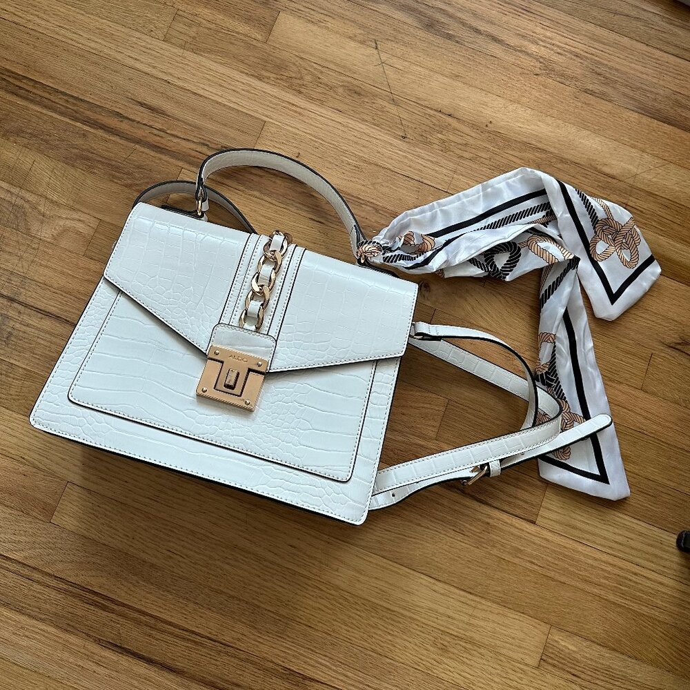 Aldo - White Faux Croc Leather Cross Body Bag w/ Scarf